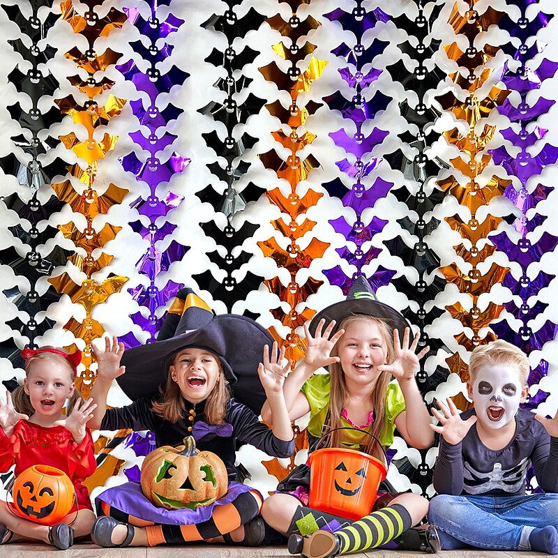Halloween Foil Fringe Curtain Tinsel Curtain with Pumpkin Face, Bat and Skull, Spooky Hanging Backdrop for Scary Party Decorations and Photo Booth Props