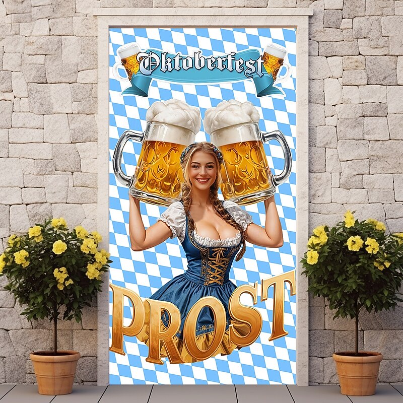 Oktoberfest Door Decorations German Bavarian Beer Door Covers Door Tapestry Blue White Plaid Decoration Backdrop Indoor/Outdoor Door Banner for Front Door Office Door3