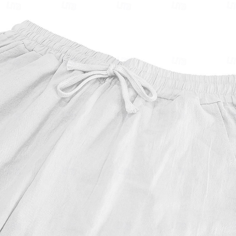 Men's Linen Pants Trousers Summer Pants Baggy Pants Beach Pants Drawstring Elastic Waist Straight Leg Plain Comfort Breathable Full Length Outdoor Casual Daily Vacation Fashion Black White2