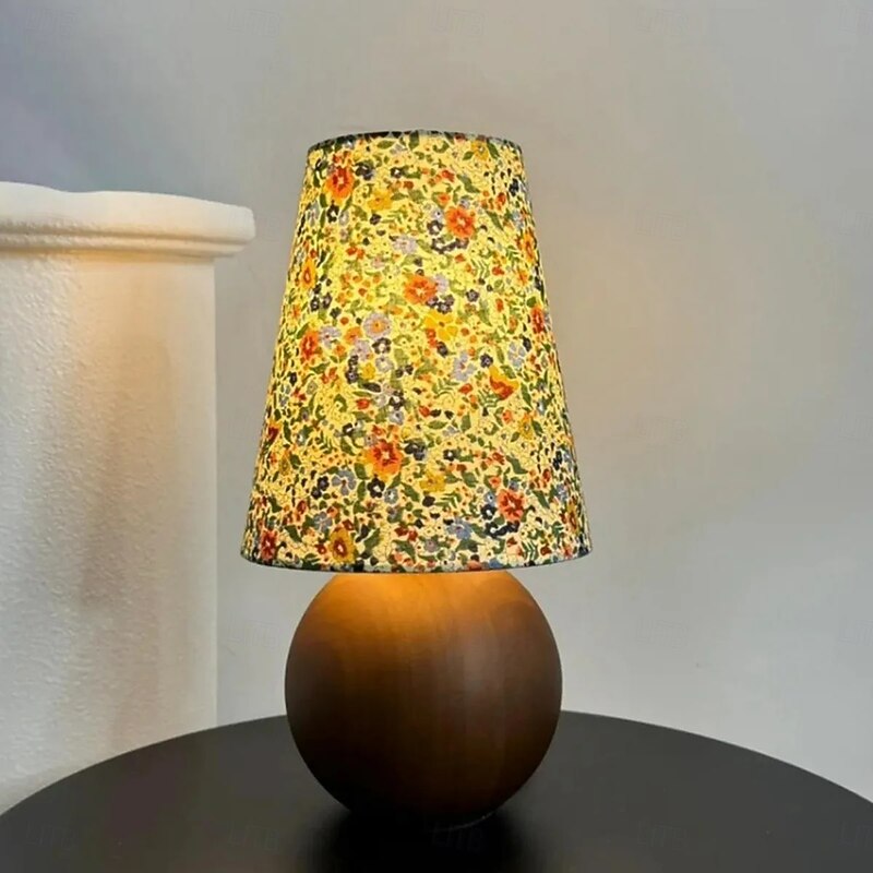 Traditional French Pastoral Floral Print Fabric Round Shade Solid Wood Base 1-Light Table Lamp For Bedroom2