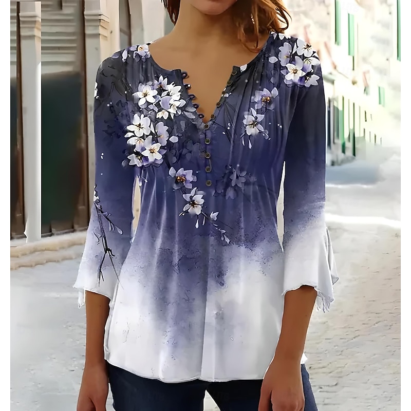 Women's Blouse V Neck Ombre Floral Graphic Elegant 3/4 Length Sleeve Regular Tops Daily Going out Buttons Sage Green White Blue Purple Green Summer Spring Fall4