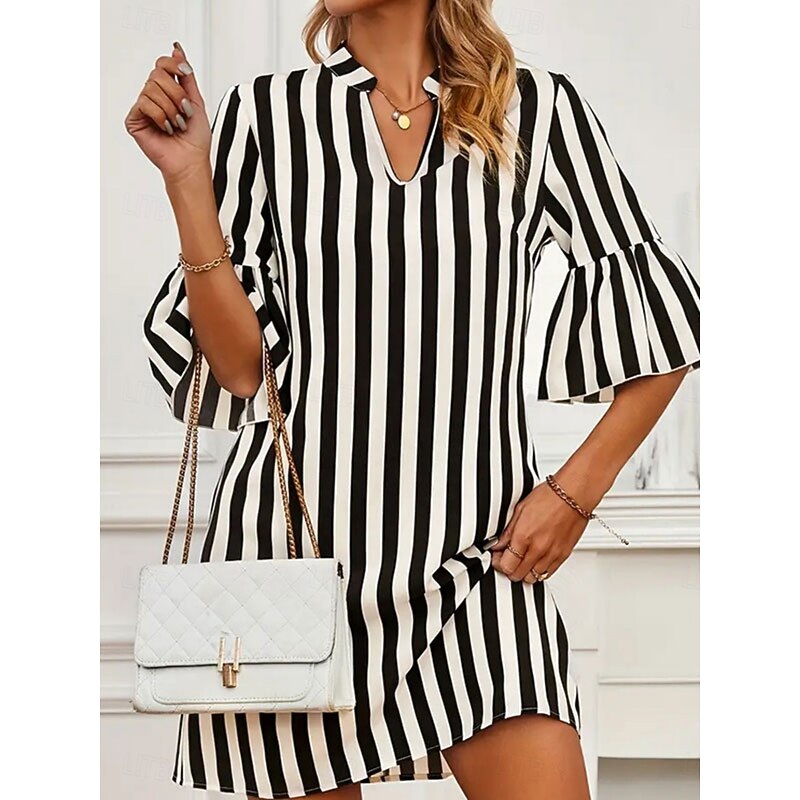 Women's Mini Dress A Line Dress Summer Dress Casual Daily Regular Fit Striped 3/4 Length Sleeve Notched Neck Black Summer2