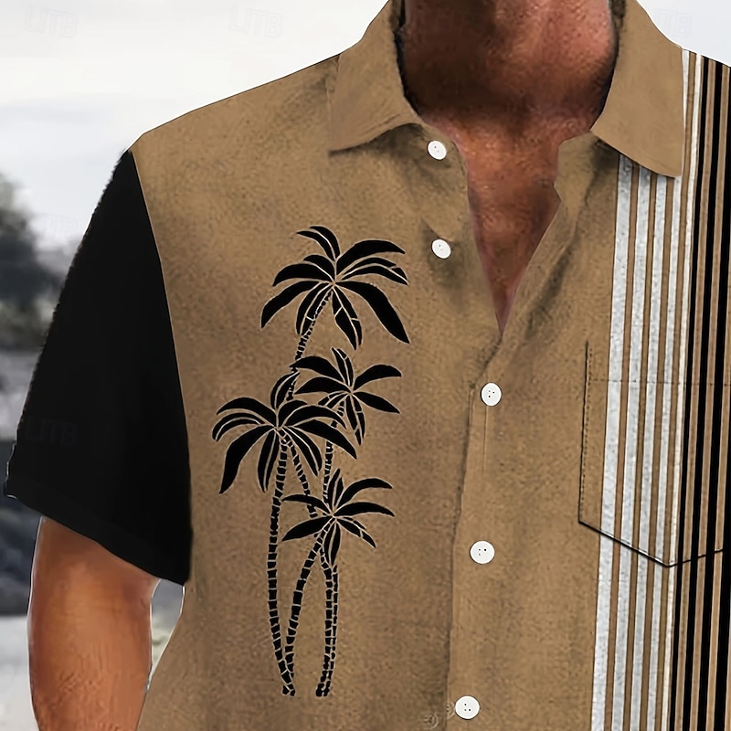Men's Coconut Tree Striped Summer Hawaiian Shirt Button Up Shirt Aloha Shirt Short Sleeve Hawaiian Vacation Holiday Beach Wear Summer Spring Turndown 3D Print Front One Pocket Linen Like Shirt Khaki2