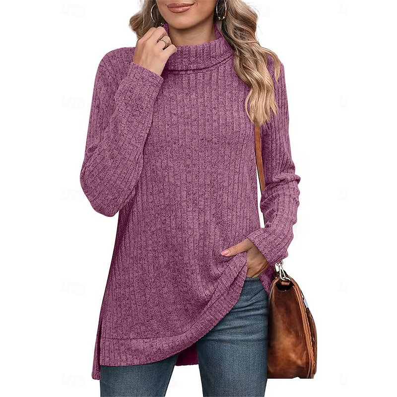 Women's Sweater Casual Soft Pure Color Ribbed Turtleneck Knitted Long Sleeve Regular Tops Knit Outdoor Daily Weekend Black Blue Fall Winter2