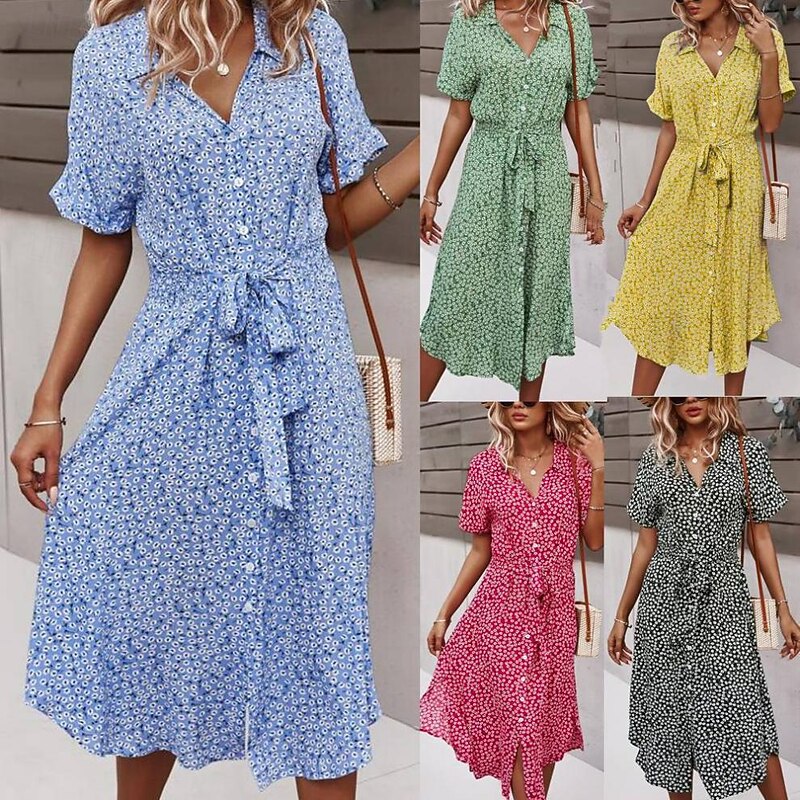 Women's Midi Dress A Line Dress Casual Outdoor Going out Regular Fit Floral Short Sleeve Turndown Black Yellow Red Sky Blue Summer