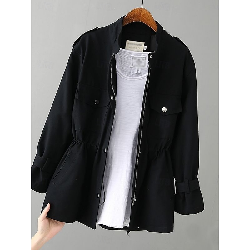 Women's Casual Jacket Comfortable Breathable Pocket Casual Plain Street Casual Daily Wear Zipper Regular Turndown Loose Fit Long Sleeve Outerwear Black White Pink Summer4