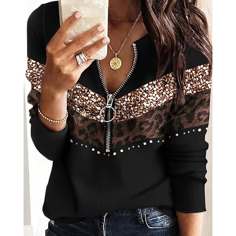 Women's Blouse Flower Modern Casual Long Sleeve V Neck Regular Tops Daily Holiday Zipper Print Black White Blue Fall3