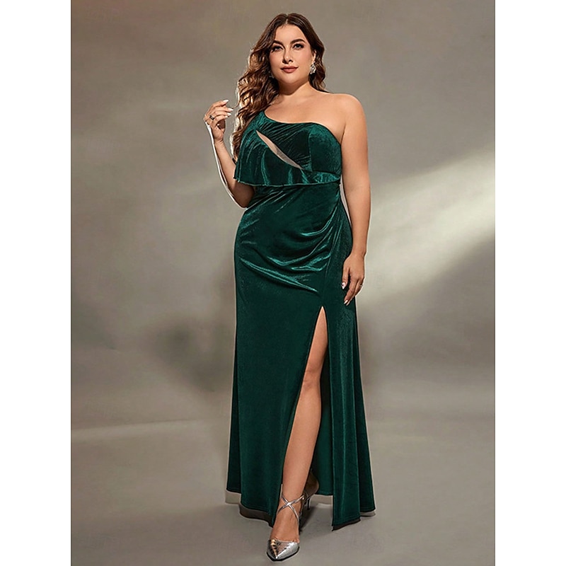 A-Line Evening Gown Elegant Dress Formal Wedding Floor Length Sleeveless One Shoulder Velvet with Slit