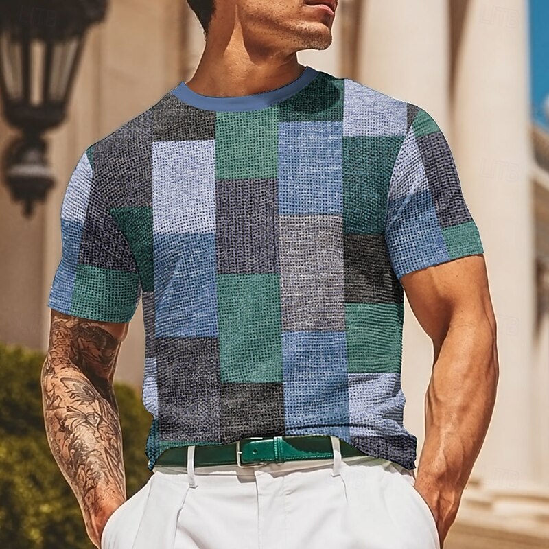Men's Geometric Line Waffle Shirt Short Sleeve T shirt 3D Print Crew Neck Shirt Fashion Casual Comfortable Street Casual Daily Red Blue Green Summer Spring Clothing Apparel S M L XL XXL XXXL2