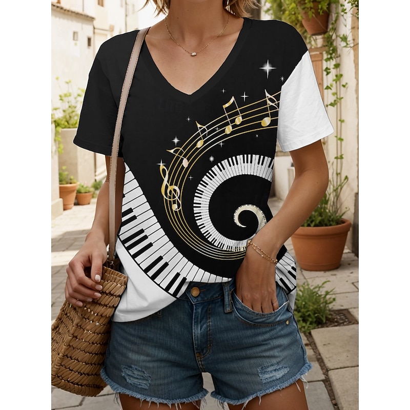 Music Festival Women's T Shirt Graphic Geometric Vintage Stylish Classic Short Sleeve V Neck Regular Tops Daily Going out Beach Wear Print Black and White White / Black Summer Spring