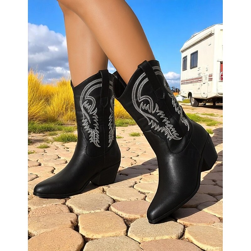 Women's Pink Western-Inspired Ankle Boots with Embroidered Details – Stylish Suede Block Heel Cowboy Boots for Casual Outings, Festivals, and Everyday Wear