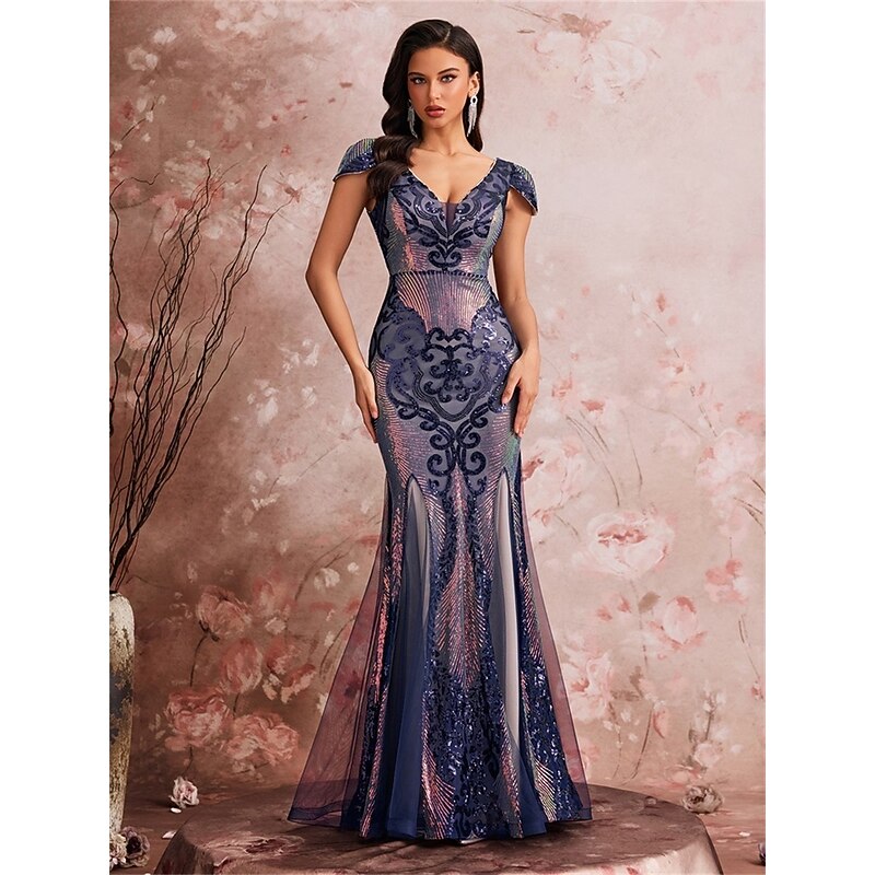 Mermaid / Trumpet Quinceanera Dresses Elegant Dress Formal Wedding Floor Length Short Sleeve V Neck Polyester with Sequin