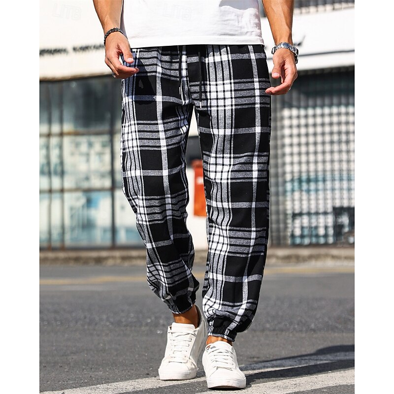 Men's Trousers Casual Pants Drawstring Elastic Waist Plaid Wearable Outdoor Daily Fashion Classic Black2