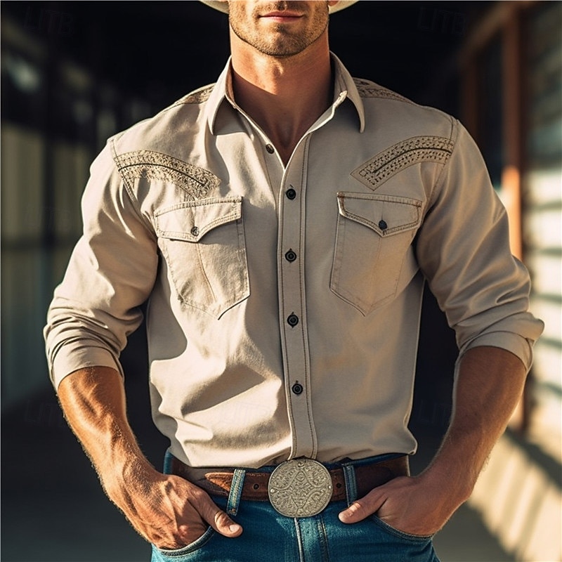 Men's Symbol Shirt Western Shirt Cowboy Shirt Long Sleeve Vintage Western Style Outdoor Street Casual Daily Fall & Winter Turndown Buttons Print Gray