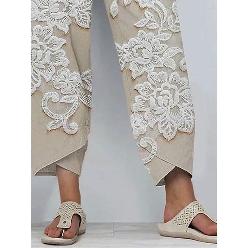 Women's Chinos Baggy Pants Vacation Vintage Ethnic Style Ankle-Length High Waist Floral Graphic 3D Drawstring Patchwork Embroidered Breathable Micro-elastic Vacation Street Causal rice white White3