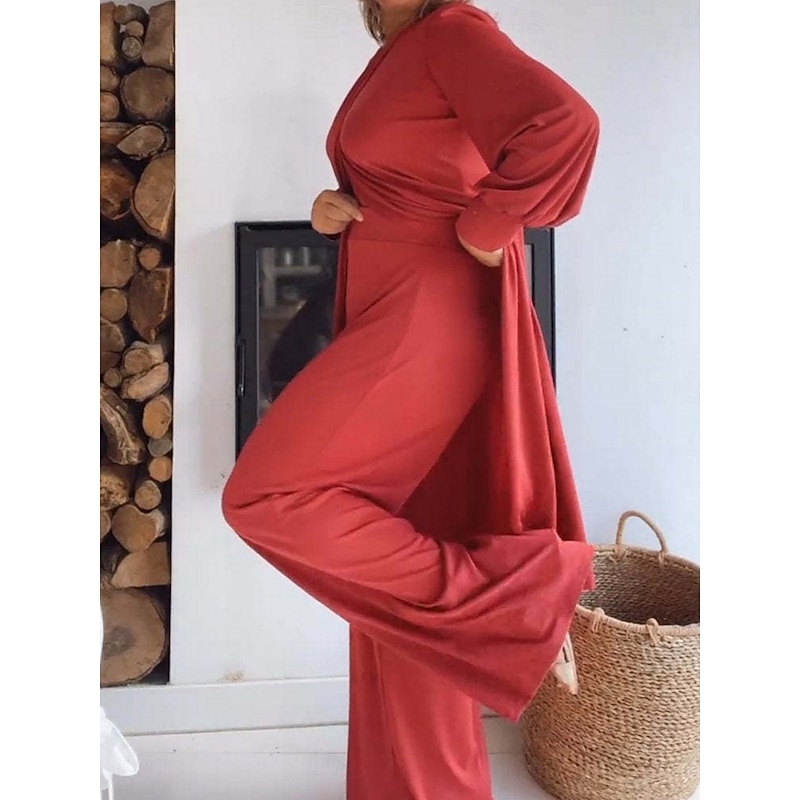 Women's Fashion Streetwear Daily Pants Sets Long Sleeve Crew Neck Solid Color Ruched Casual Daily Black White Red Spring Regular Fit2