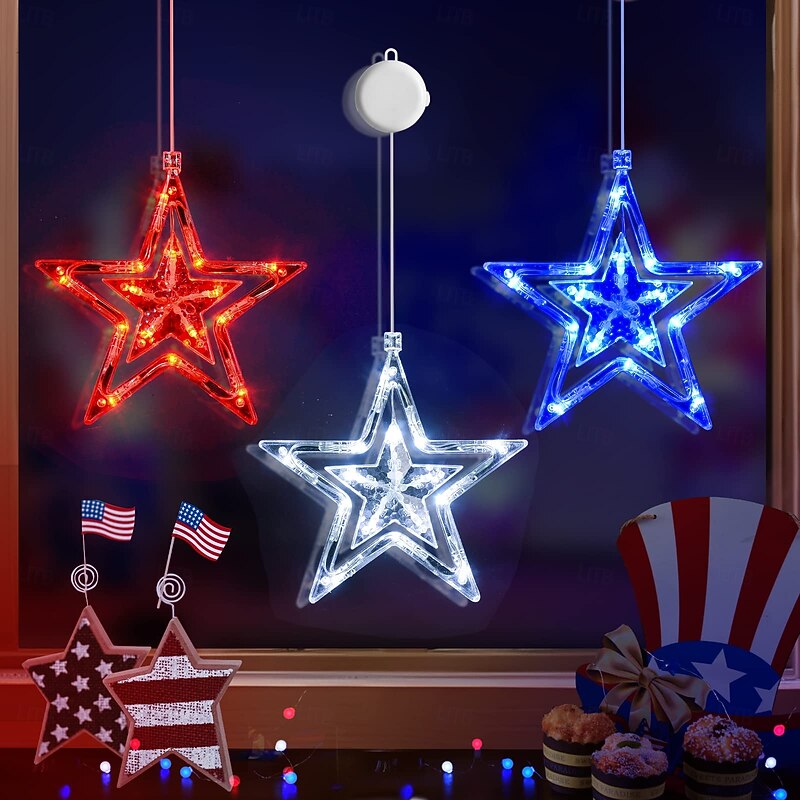 3 Pcs July 4th Patriotic Hanging Lights Independence Day Red, White, Blue Pentagram Suction Cup Window Decorative Lights Party Patriotic Atmosphere Decorative Lights AAA Battery Box2