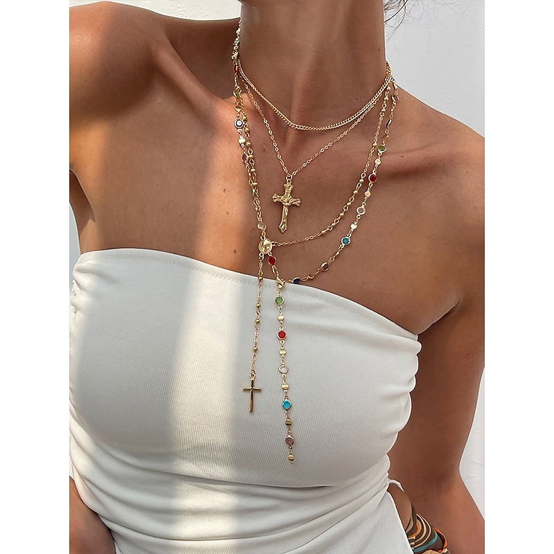 Women's multi-layered gold and silver cross pendant necklace set with multi-colored beads - Fashionable religious jewelry for daily wear, Casual outings and special occasions
