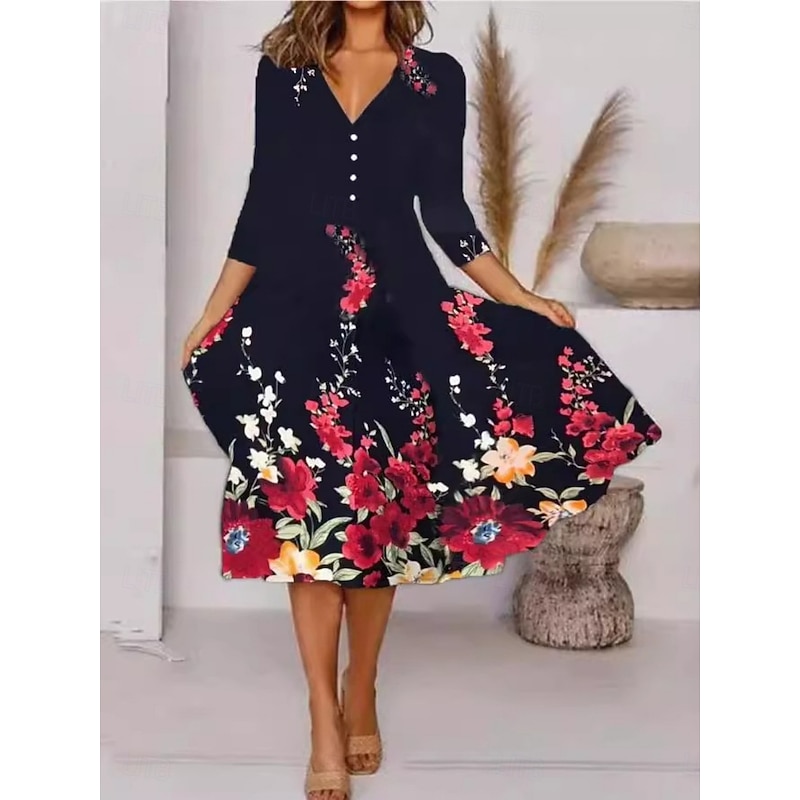 Women's Midi Dress A Line Dress Casual Outdoor Going out Standard Fit Floral Graphic 3/4 Length Sleeve V Neck Black White Red Spring Fall3