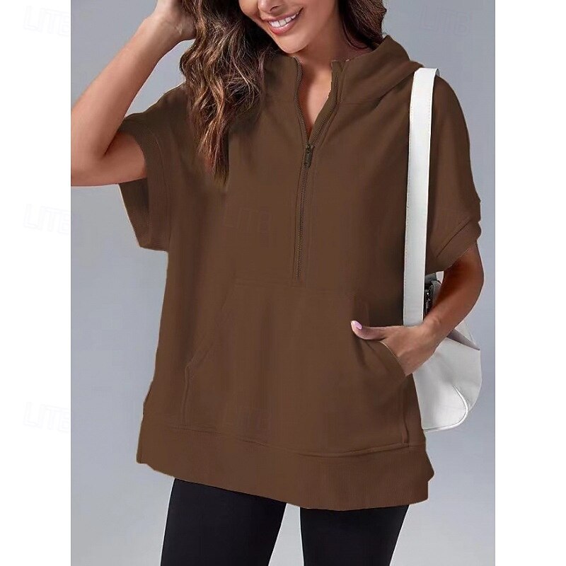 Women's Zipped Hoodie Sweatshirt Zip Front Short Sleeve Top Solid Colored Quick Dry Soft Breathable Tennis Golf Running Sportswear Activewear Apricot Black Gray