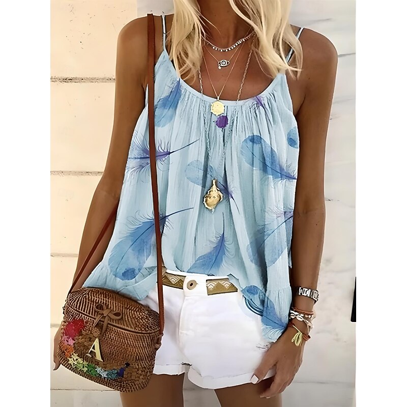 Women's Blouse Floral Graphic Feather Bohemia Daily Hawaiian Sleeveless Crew Neck Strap Square Neck Regular Tops Daily Print Backless White Yellow Light Green Blue Purple Summer Spring3