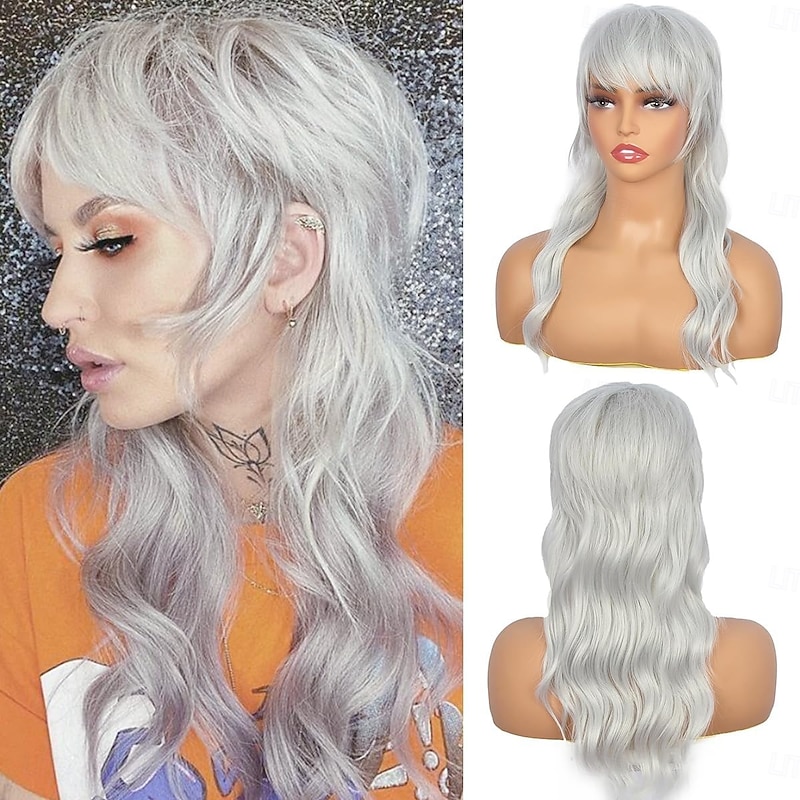 Long Grey Mullet Wig for Women with Bangs 90s 80s Wigs Natural Looking Synthetic Wig With Bangs for Women Wig Halloween Wigs2