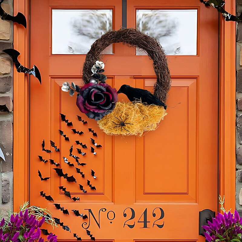 Halloween Wreath for Front Door Dead Branch Rose and Black Crow Wreath, Faux Plant Vine Door Hanging, Spooky Party Decoration, Haunted House Wall Decor4