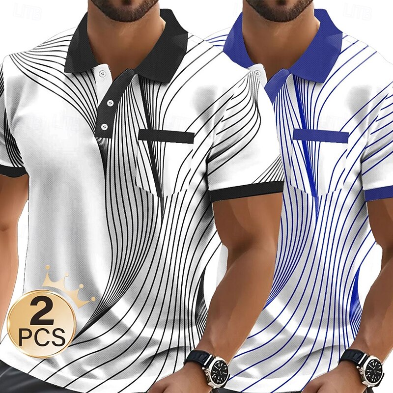 Men's Graphic Geometric Polo Short Sleeve Polo Shirts Collared Shirts Business Casual Outdoor Business Athleisure Daily Wear Pocket 3D Print Buttons Summer Black + blue Light blue + blue Red + Black3