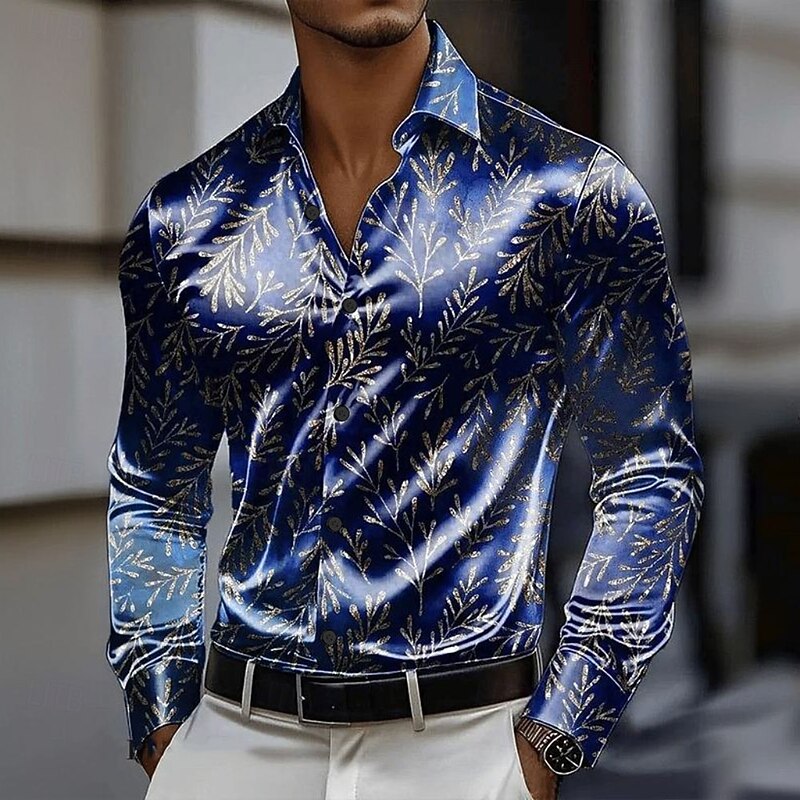 Men's Leaf Plants Satin Shirt Dress Shirt Button Up Shirt Long Sleeve Fashion Casual Vacation Holiday Summer Spring Fall Turndown Collared Shirts 3D Print Navy Blue