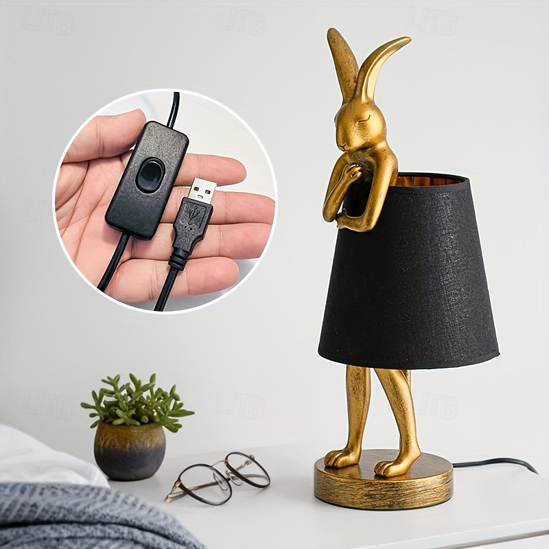 Mid-Century Modern Rabbit Table Lamp with Linen Shade USB-Powered Decorative Desk Light Golden Finish Soft Ambient Lighting for Living Room Bedroom or Study Desk Lamp4