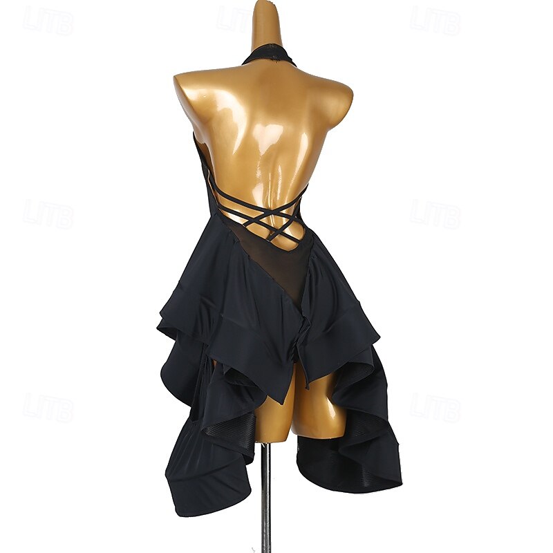 Latin Salsa Dance Dress Pure Color Splicing Women's Performance Training Sleeveless Chinlon Mesh2