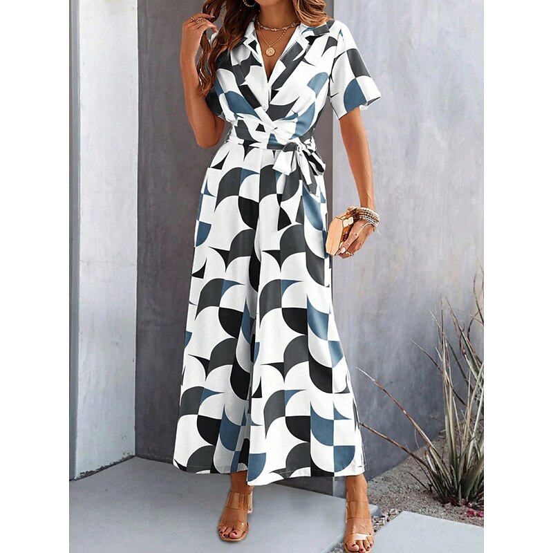 Women's Normal Jumpsuit Active Geometric Short Sleeve Wide Leg Shirt Collar Lace up High Waist Vacation Daily Regular Fit Black Red Green Summer