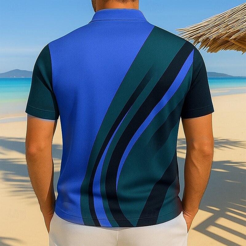 Men's Polo Vacation Casual Daily Lapel Short Sleeve Hawaiian Leisure Geometic Line Zipper Summer Blue Gold Polo4