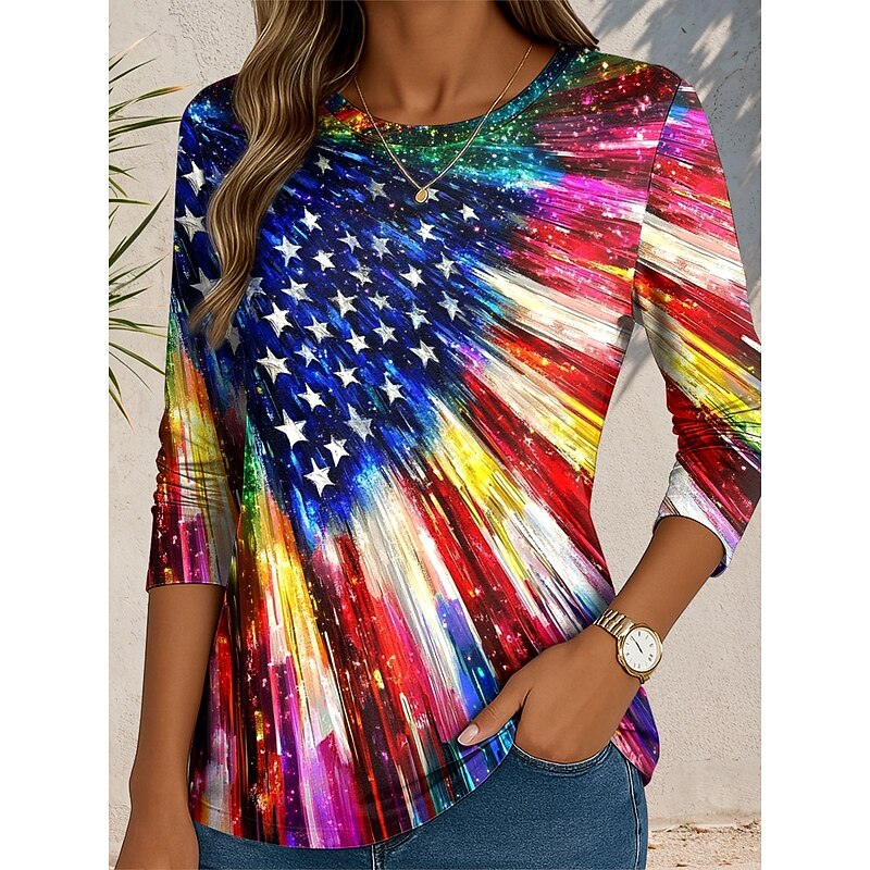 Women's Patriotic T Shirt Graphic Flag Abstract Vintage Stylish Classic  Round Neck Regular Tops Daily Print Blue Purple Green Fall