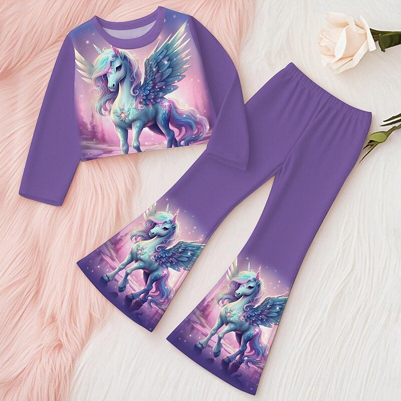 Girls' 3D Unicorn Set Sweatshirt & Flare Pants Set Long Sleeve 3D Print Fall Winter Active Fashion Daily Polyester Kids 3-12 Years Crew Neck Outdoor Date Vacation Regular Fit2
