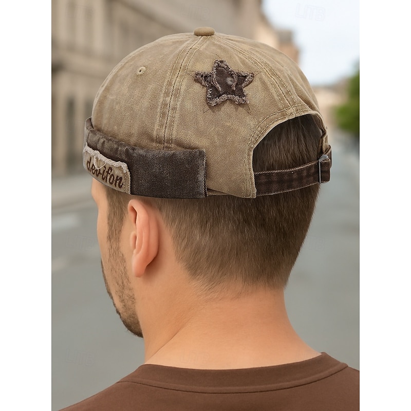 Men's Washed Cotton Star Patch Retro Skull Cap – Adjustable Vintage Brimless Hat for Urban Style Casual Outings and Streetwear2