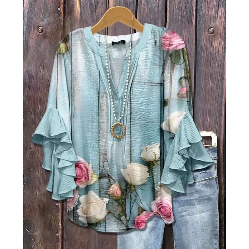 American Women's Blouse Graphic Leopard Bohemia Vintage Daily 3/4 Length Sleeve Flutter Sleeve V Neck Regular Tops Daily Holiday Vacation Wear Ruffle Print Yellow Light Green Pink2