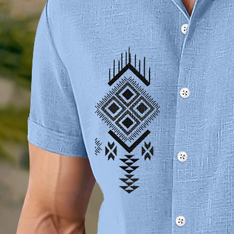 Men's Shirt Linen Shirt Summer Shirt Beach Wear Geometric Vacation Casual White Blue Khaki Gray Short Sleeve Lapel Summer Spring & Summer Clothing Apparel Patchwork2