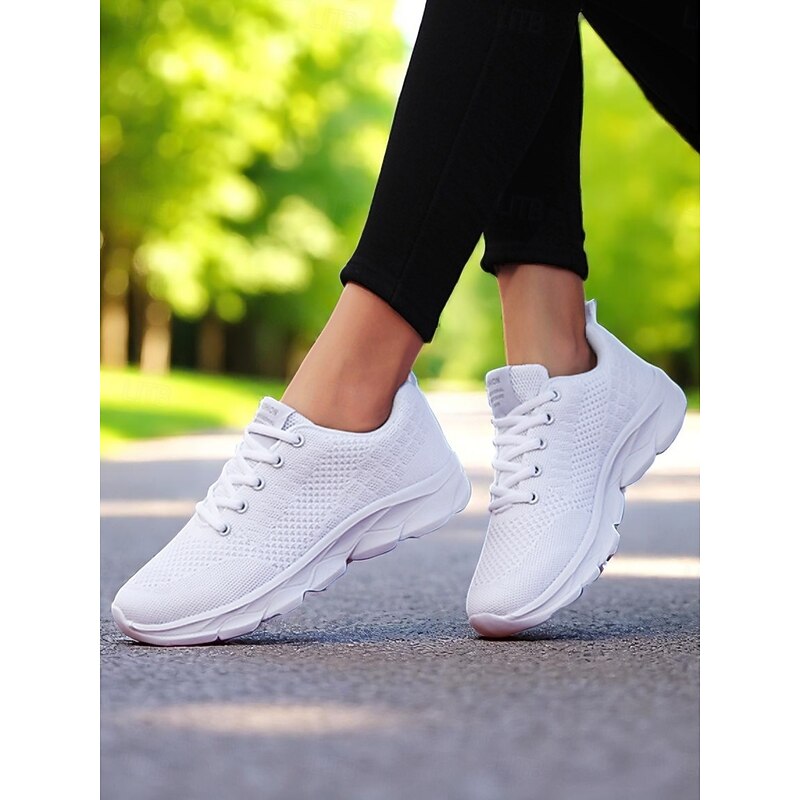 Women's White Flyknit Running Sneakers with Cushioned Sole – Lightweight Athletic Shoes for Jogging, Training and Everyday Comfort2