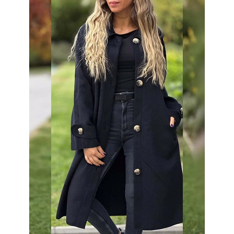 Women's Trench Coat Comfortable Breathable Pocket Classic Casual Plain Vacation Street Casual Daily Wear Single Breasted Long Turndown Regular Fit Long Sleeve Outerwear Black Yellow Pink Spring Fall4