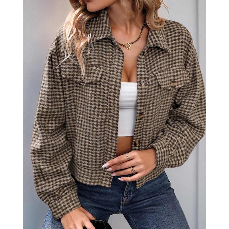 Women's Casual Jacket Comfortable Pocket Buttons Casual Plaid Going out Weekend Single Breasted Regular Turndown Regular Fit Long Sleeve Outerwear Khaki Fall Winter4