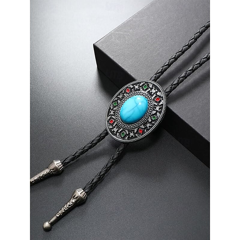 Men's Turquoise Bolo Tie Necklace – Western Cowboy Vintage Style Leather Rope Neckwear with Metal Pendant for Rodeo Weddings and Country Music Events