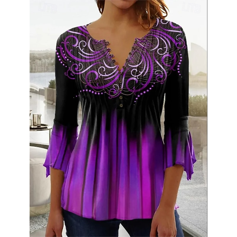 Women's Blouse V Neck Ombre Floral Graphic Elegant 3/4 Length Sleeve Regular Tops Daily Going out Buttons Grass Green Black and gray Blue Purple Green Summer Spring Fall2