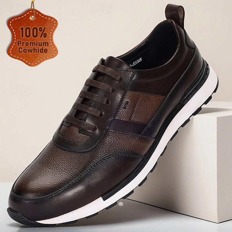 Men's Premium Cowhide Leather Casual Shoes, Dual-Tone Lace-Up Design with Sporty Sole, Perfect for Business Casual, Travel and City Walking