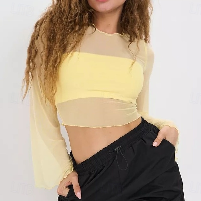 Retro Vintage 1970s Groovy Crop Top Bell Sleeve Disco Mesh Round Neck Fancy Dress Women's Halloween Carnival Music Festival Retro Theme Party Adults' Top3