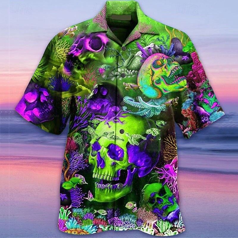 Men's Skull Hippie Shirt Summer Hawaiian Shirt Button Up Shirt Short Sleeve Tropical Fashion Hawaiian Casual Hawaiian Holiday Summer Spring Turndown Print Button-Down Yellow Red Navy Blue Green3