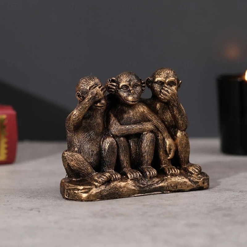 Three Wise Monkeys Resin Figurine Feng Shui Decor, See No Evil Hear No Evil Speak No Evil Statue for Home Office Table Decoration3
