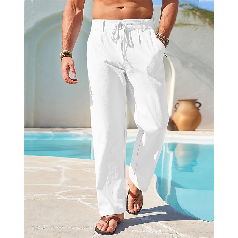 Men's Linen Pants Trousers Summer Pants Beach Pants Pocket Drawstring Straight Leg Plain Comfort Breathable Vacation Daily Holiday Hawaiian Boho White Khaki