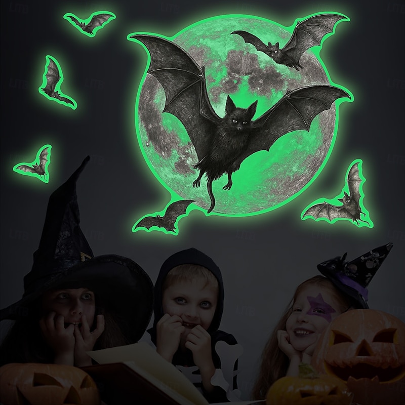 Halloween Wall Window Stickers Glow in the Dark , Moon Bat Ghost Face Decals for Day of the Dead Scene Decoration, Fluorescent Luminous Clings for Home Party Decor