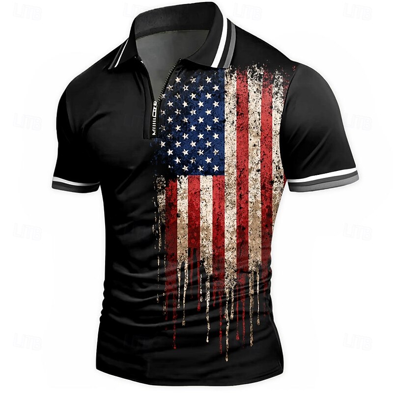 American Independence Day Men's American US Flag Zip Polo Shirts Short Sleeve Polo Shirts Collared Shirts Casual Athleisure Daily Wear 3D Print Summer Black Blue